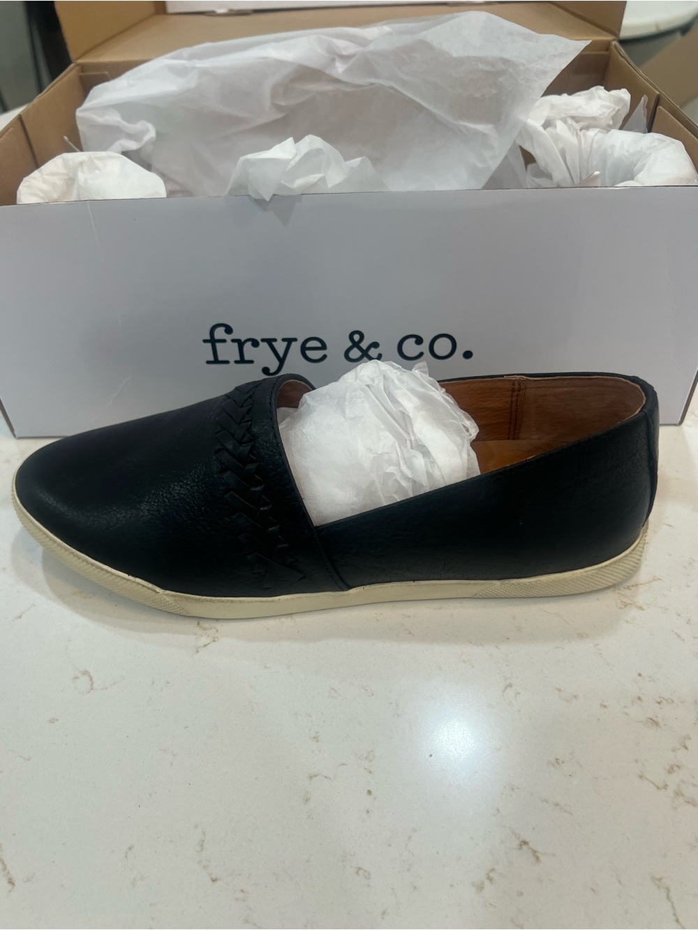 FRYE AND CO. Black Leather Slip-On Loafer with Braided Detail